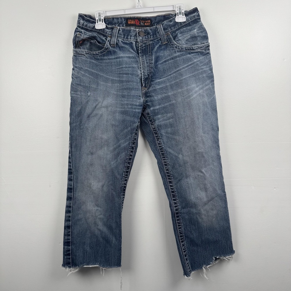 Ariat M4 FR Work Jeans Mens (31x24) CROPPED Blue Low Rise Bootcut Distressed